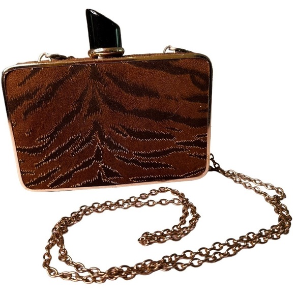 MMS Velvet Animal Print Black Lipstick Clutch Crossbody Bag - Picture 1 of 5